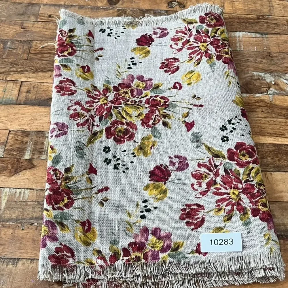 World Market Floral 100% Linen Table Runner with Fringe 17 x 90